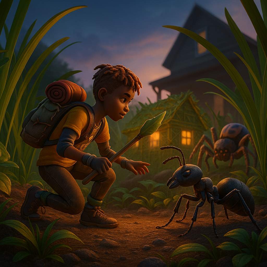 A young adventurer kneels in the grass holding a leaf spear while facing giant insects near a tiny house in an oversized backyard — miniature survival game artwork.