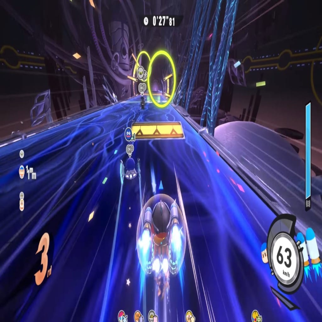 Gameplay screenshot from Kirby Air Riders showing high-speed racing on a glowing futuristic track with characters competing and speed indicators on screen.