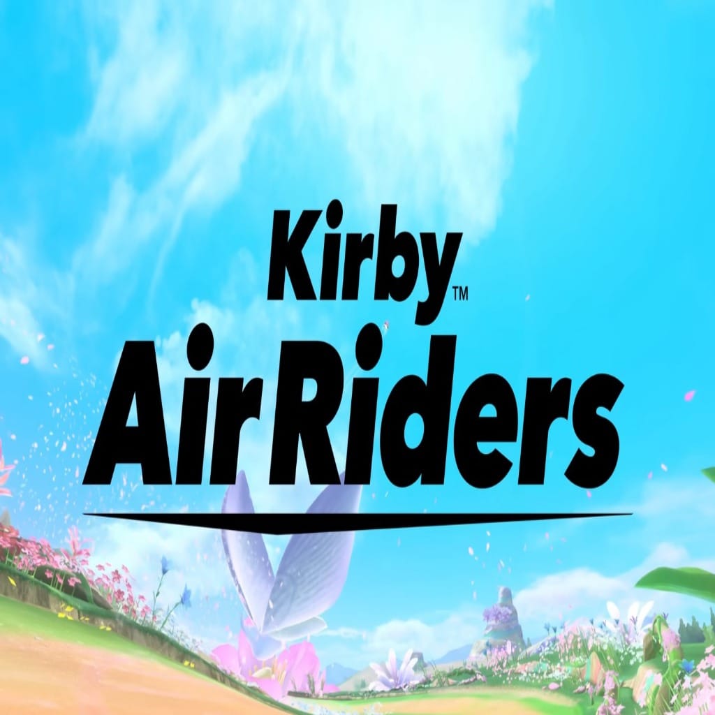 Kirby Air Riders logo displayed over a bright, colorful landscape with blue sky, flowers, and floating petals