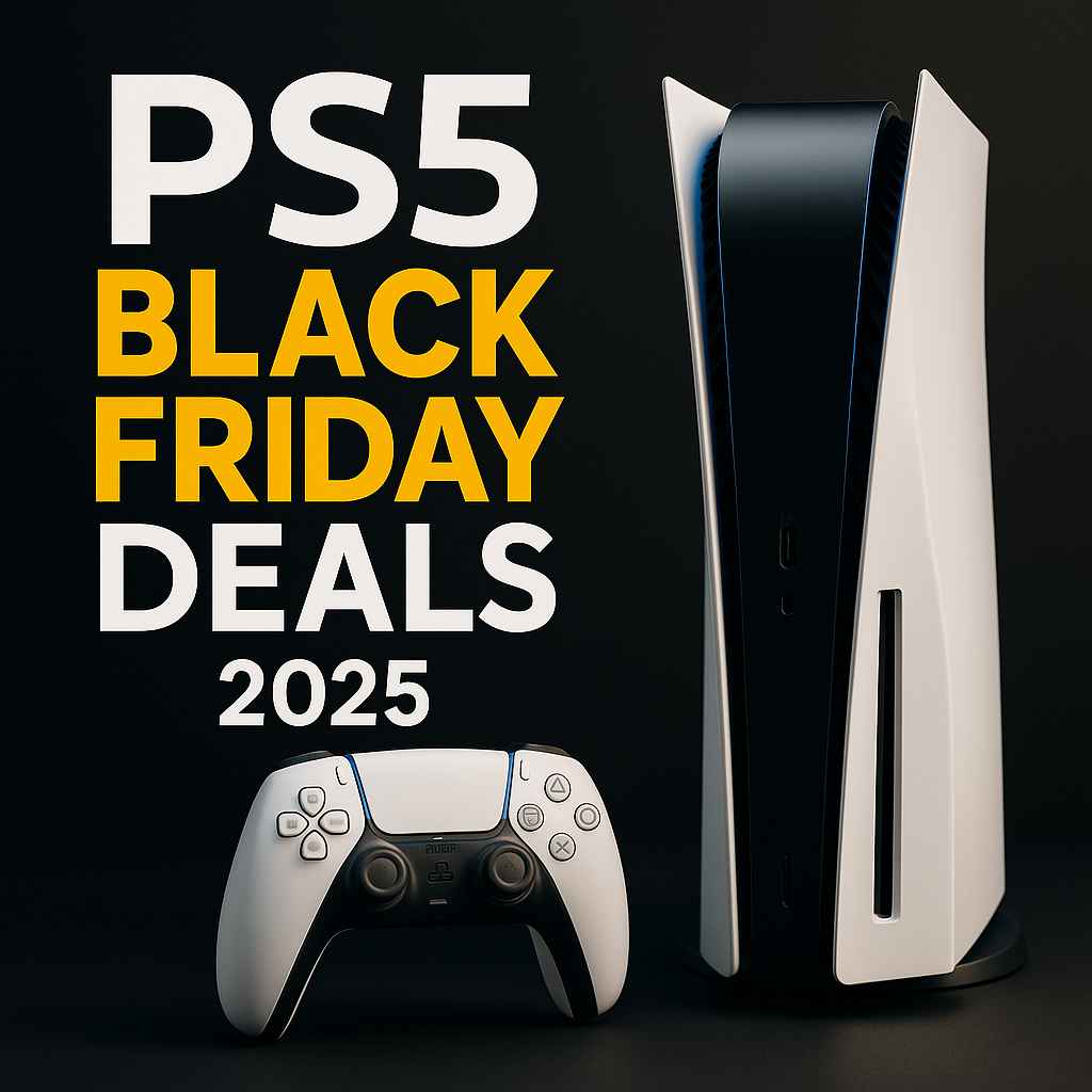 PS5 Black Friday Deals 2025 promotional image featuring a PlayStation 5 console and DualSense controller on a dark background.
