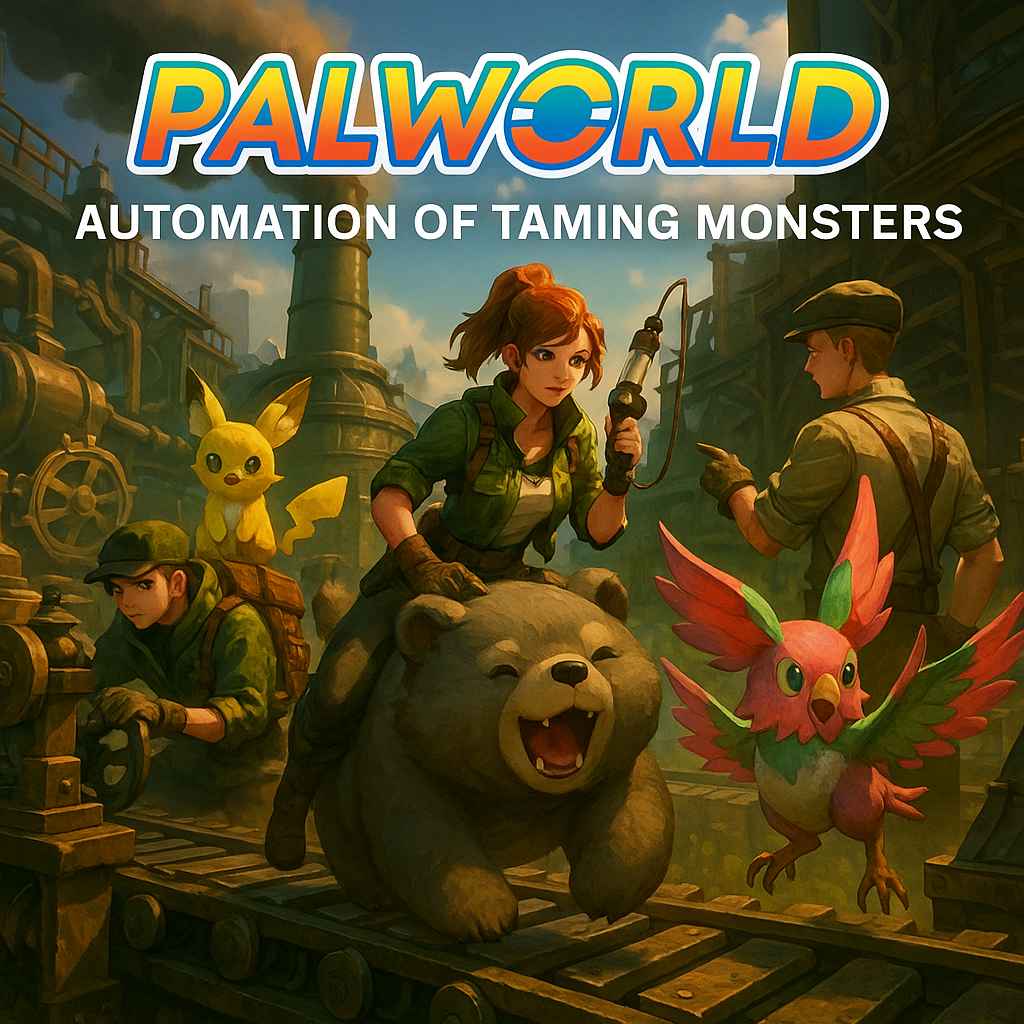 A girl riding a bear-like creature while colorful monster companions assist workers in a factory setting — Palworld automation and monster-taming artwork.