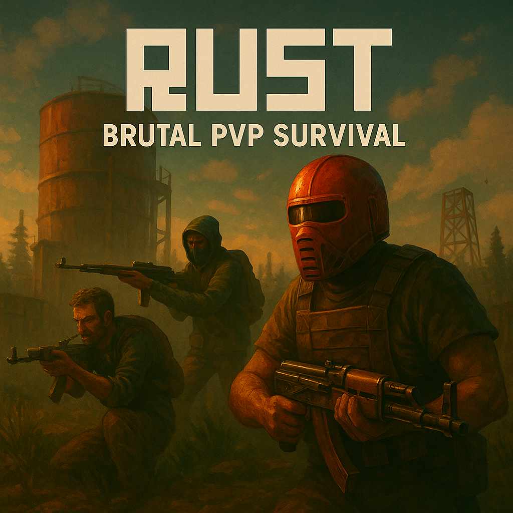 Armed survivors in tactical gear aim their weapons near industrial ruins at sunset — Rust brutal PvP survival game artwork.