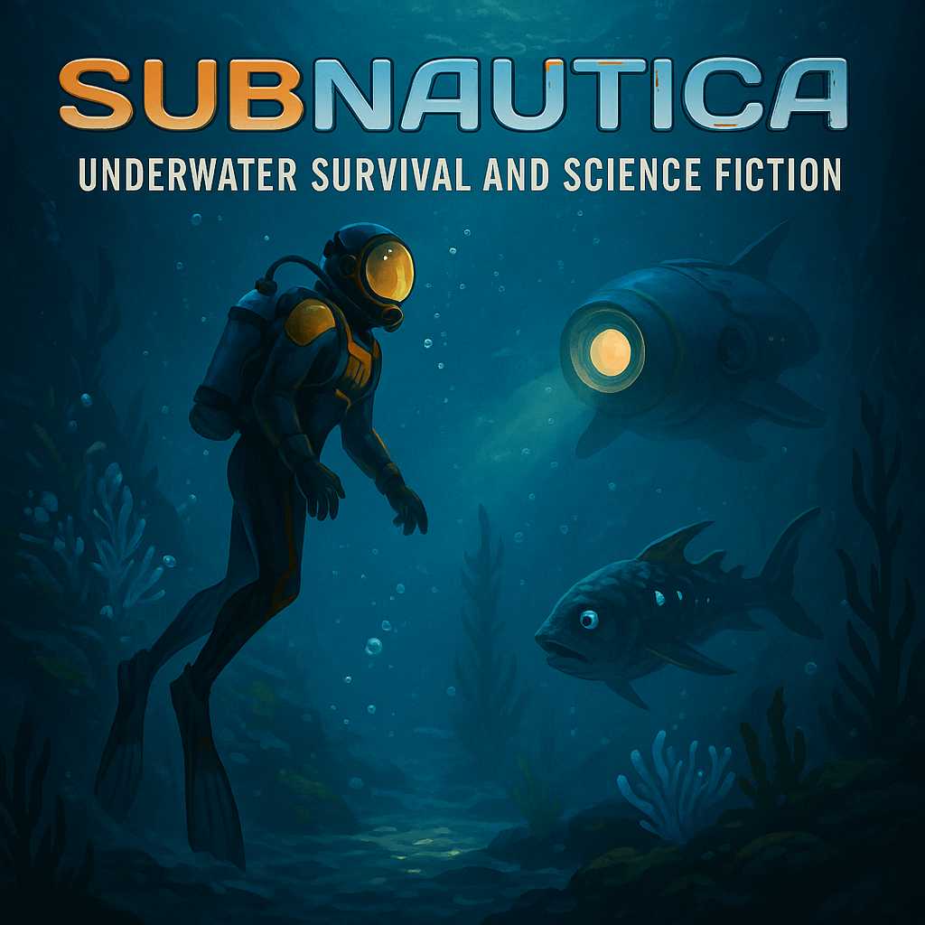 A deep-sea diver explores an underwater world with a small submarine drone and alien fish swimming nearby — Subnautica underwater survival game artwork.