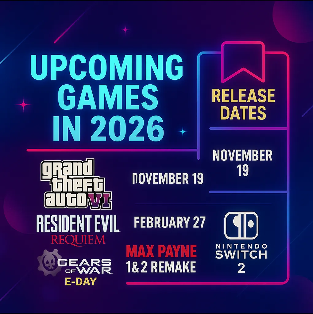 Colorful neon infographic showing 2026 upcoming game releases including GTA VI (November 19), Resident Evil Requiem (February 27), Gears of War: E-Day, Max Payne 1 & 2 Remake, and Nintendo Switch