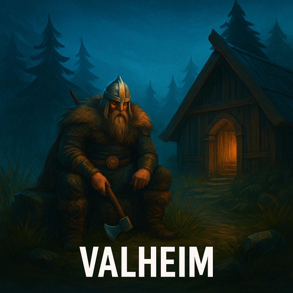 A Viking warrior sitting with an axe in front of a wooden cabin in a dark, misty forest — Valheim survival game artwork.