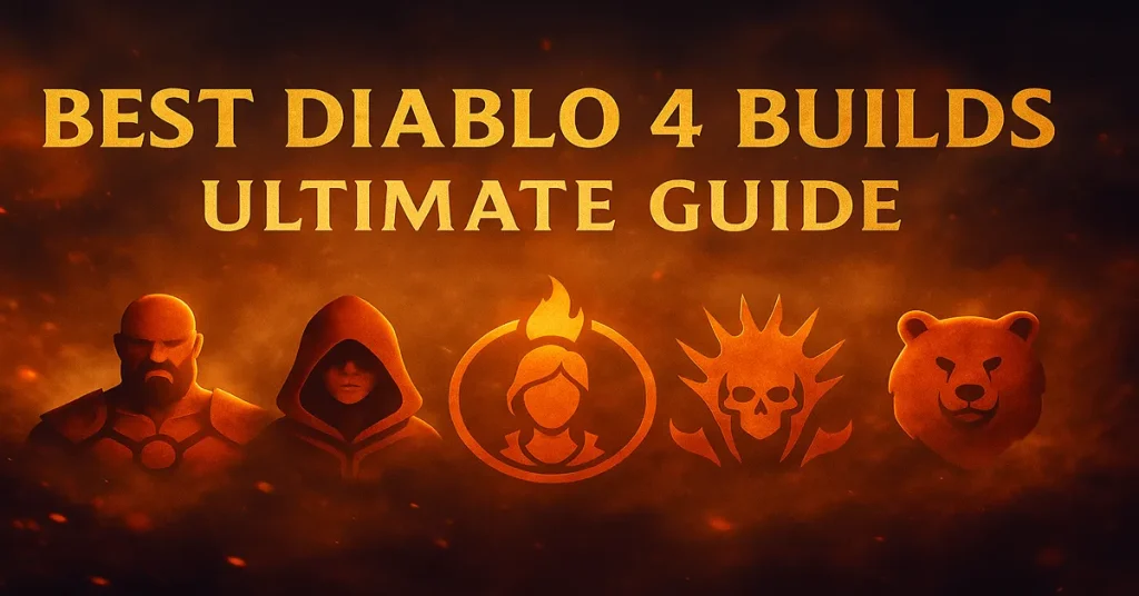Cinematic Diablo 4 feature image showing all five classes—Barbarian, Rogue, Sorcerer, Necromancer, and Druid—against a fiery background with the title ‘Best Diablo 4 Builds: Ultimate Guide.
