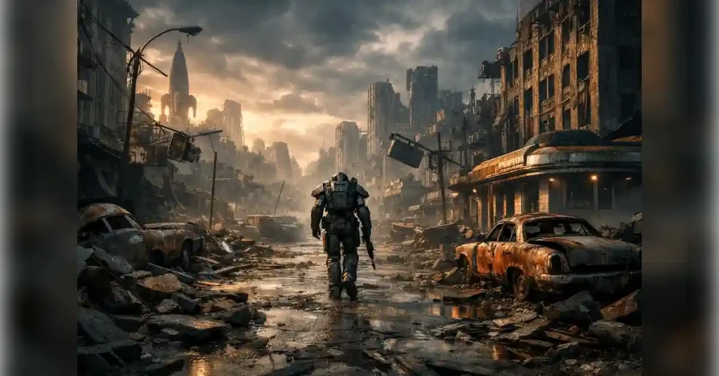 Fallout video game wasteland city scene with lone power armor survivor