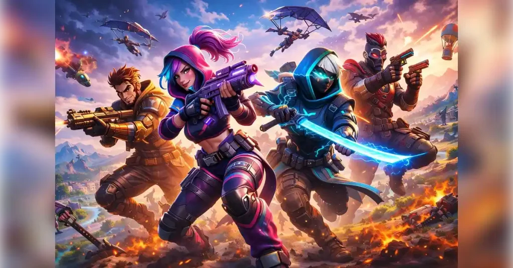 Fortnite skin inspired battle royale characters in a vibrant futuristic combat environment
