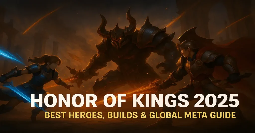 Epic fantasy battle scene showing original MOBA-style heroes fighting a giant armored demon, used as the feature image for the Honor of Kings 2025 meta guide.