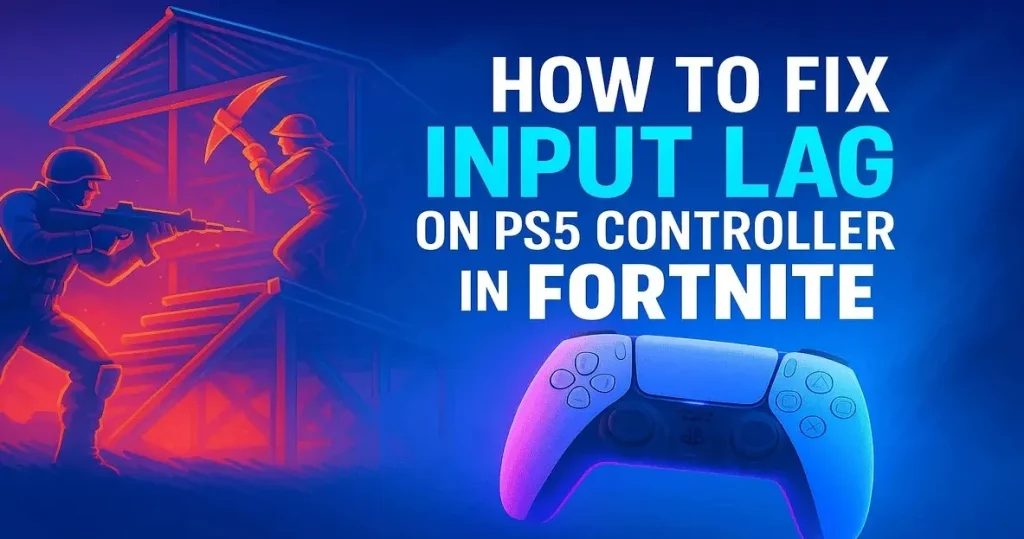 How to fix input lag on PS5 controller in Fortnite – guide thumbnail with controller and Fortnite characters