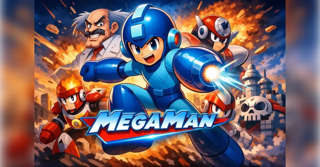 MegaMan classic action platformer game character with blue armor and Mega Buster