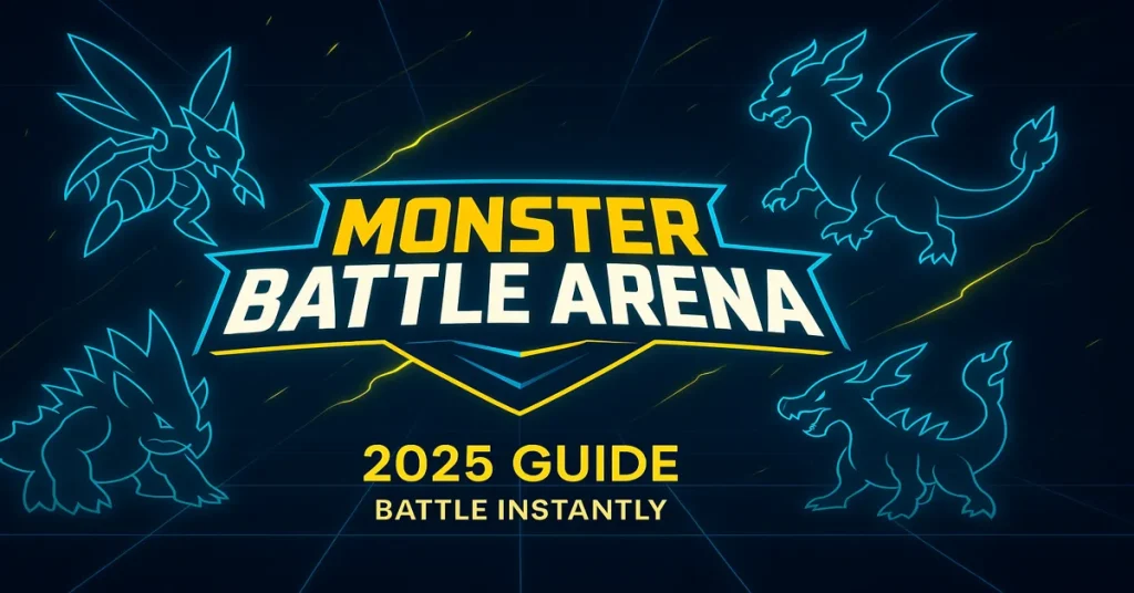 Monster Battle Arena 2025 Guide banner featuring neon blue monster silhouettes, futuristic grid background, and competitive gaming theme.