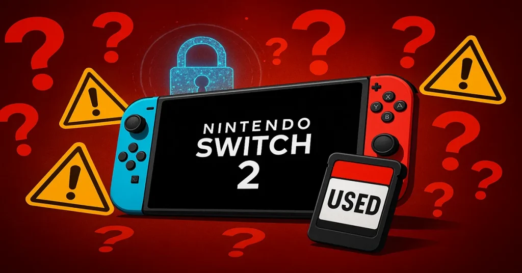 Nintendo Switch 2 concept with a used game cartridge, warning signs, question marks, and digital lock symbol representing rumors of a used games ban.