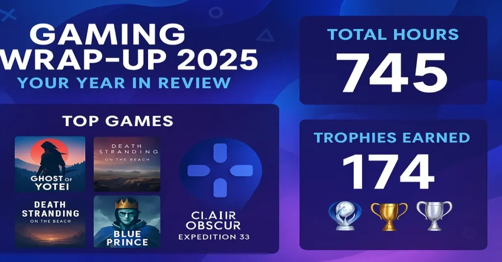 PlayStation Wrap-Up 2025 gaming recap showing total hours, top games, and trophies earned
