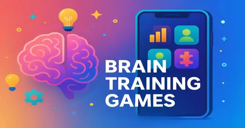 Colorful illustration of a glowing brain and a smartphone showing cognitive training app icons, representing modern brain training games.