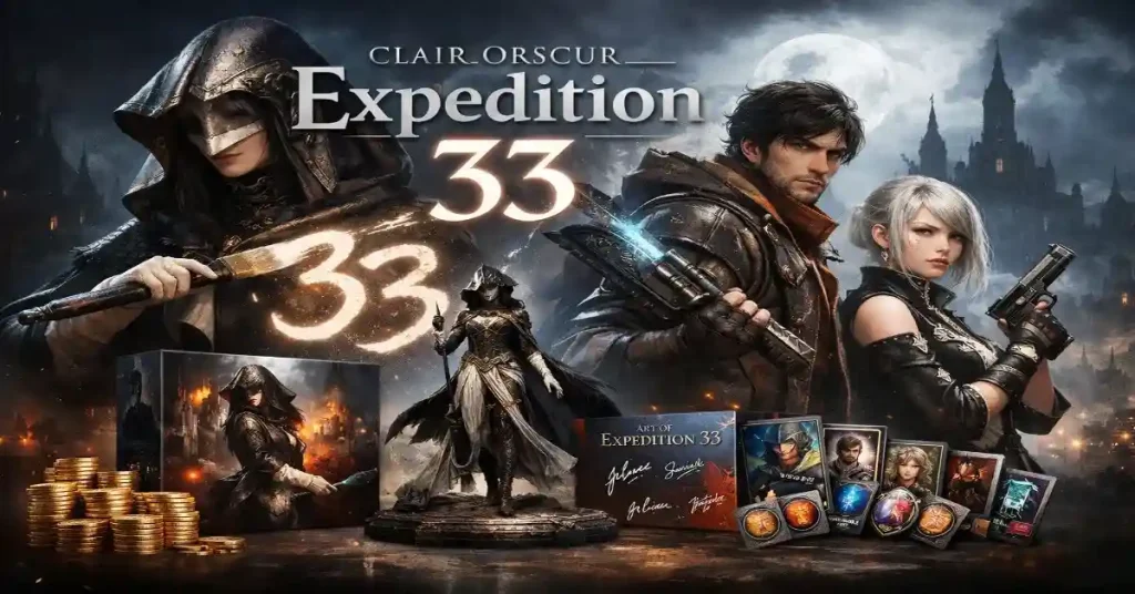 Clair Obscur: Expedition 33 featuring main characters, the Paintress, gothic city background, collector’s editions, and in-game items.